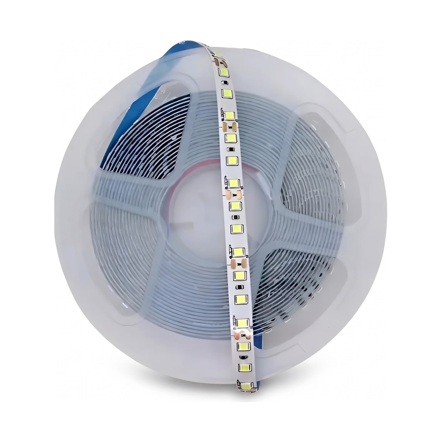 Rolo de fita LED 12V 5050 branco frio de 5 metros com trecho solto mostrando os LEDs