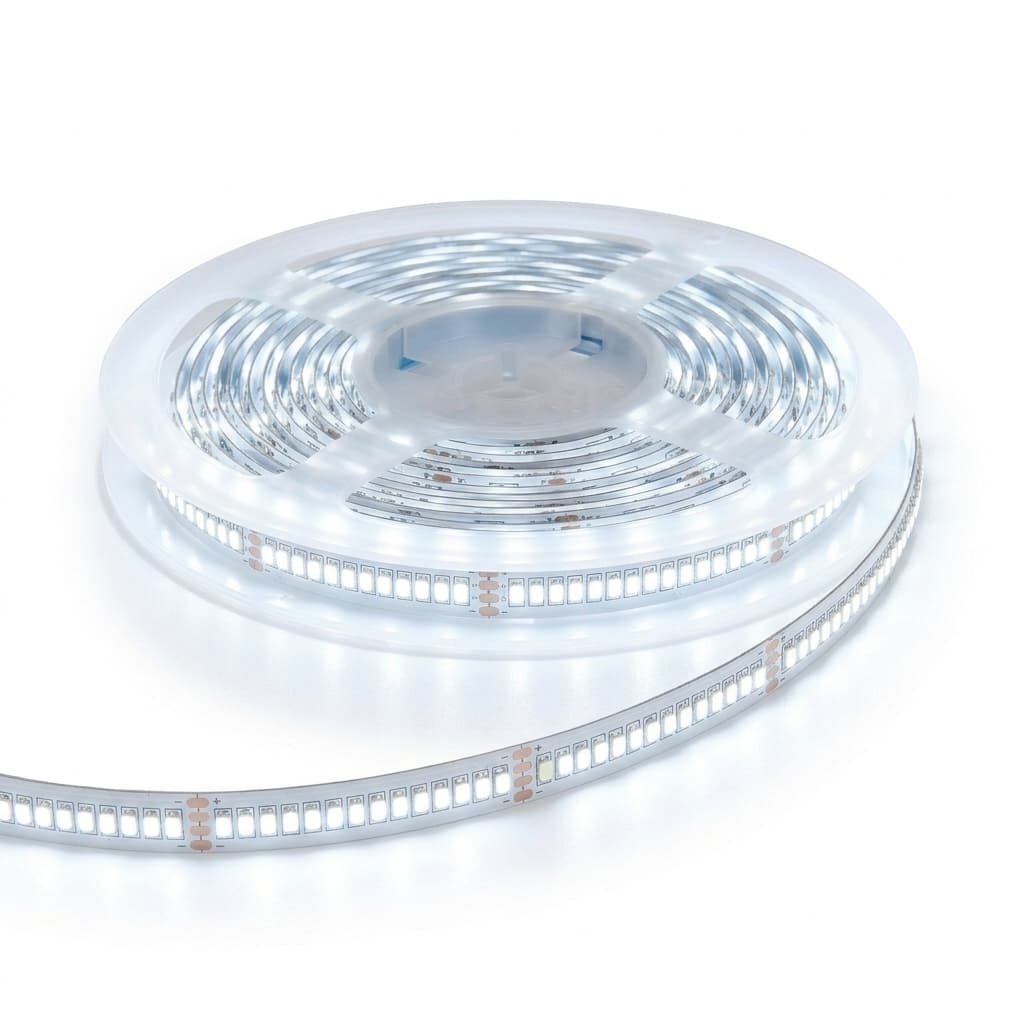 Fita LED 2835 12V 240 LEDs/m 16W/m branco frio 5 m RL Lighting, em vista inclinada sobre fundo branco