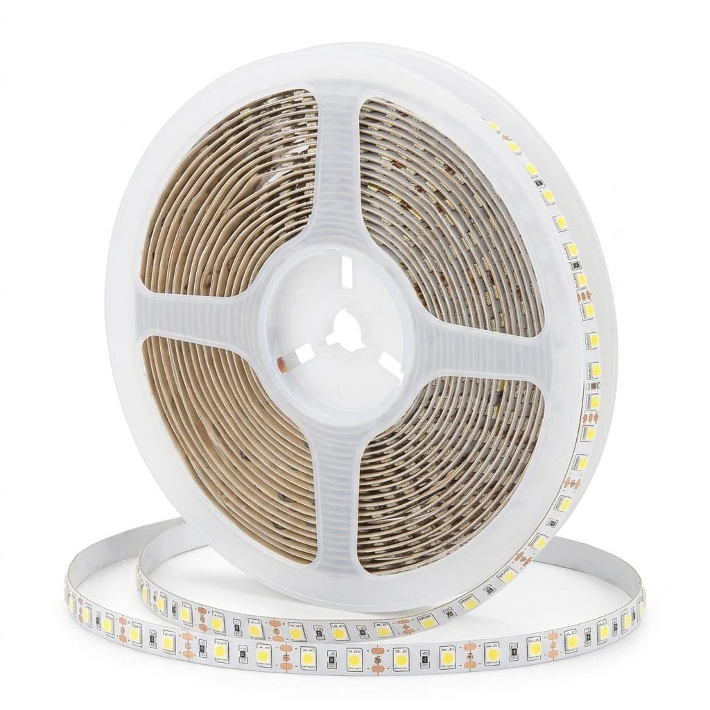 Fita LED 3528 24V 120 LEDs/m 10W/m IP20 rolo de 10 m VLX, em vista inclinada sobre fundo branco