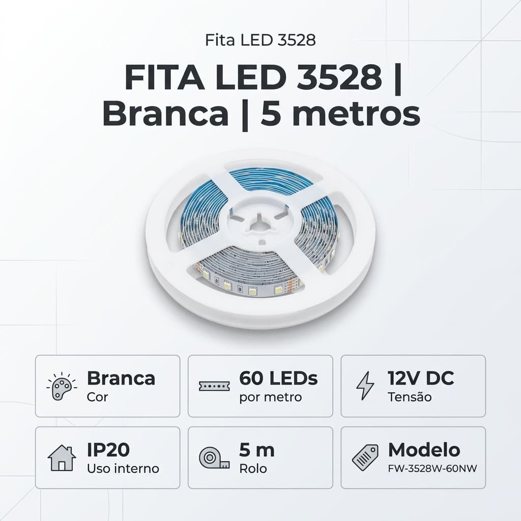 Fita LED 3528 branca 12V 60 LEDs/m IP20 rolo de 5 m, em vista inclinada sobre fundo branco