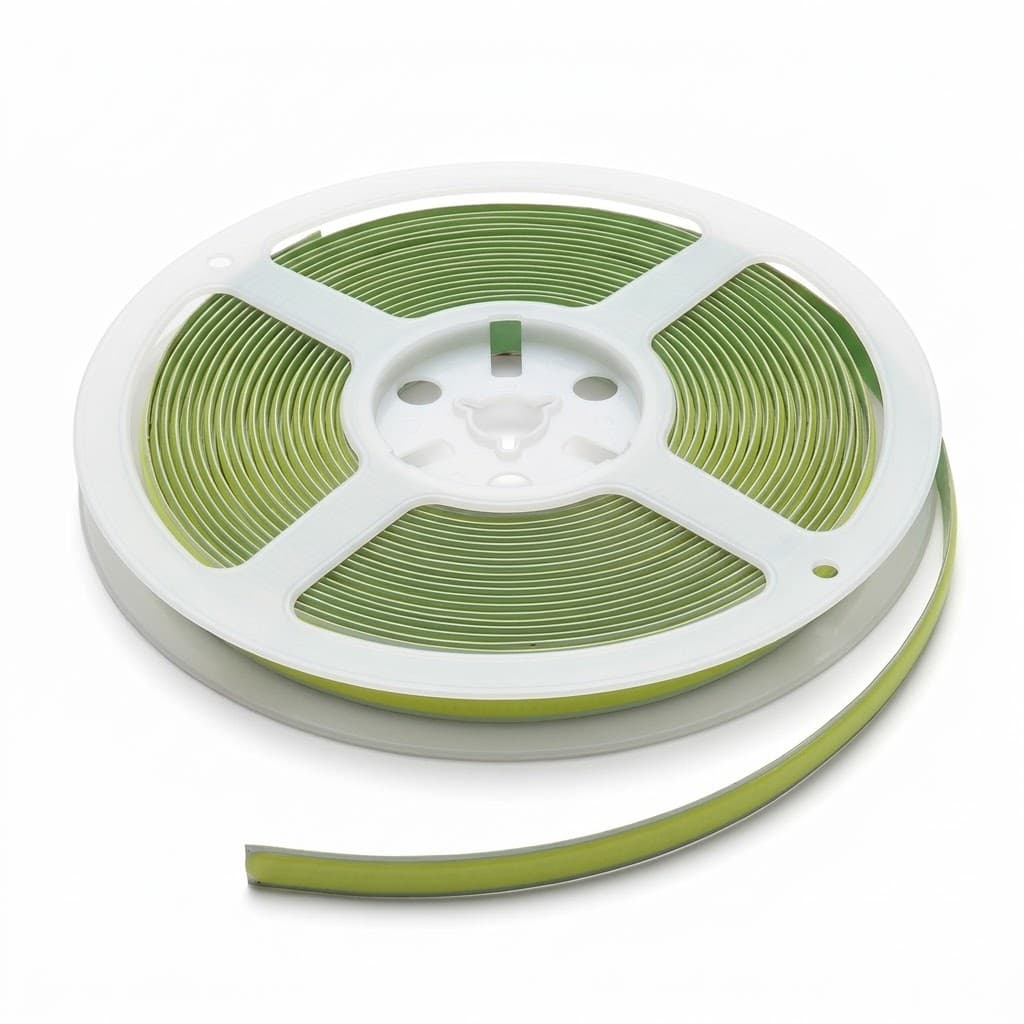 Fita LED COB verde 220V 15W/m IP20 rolo de 10 m RL Lighting, em vista inclinada sobre fundo branco