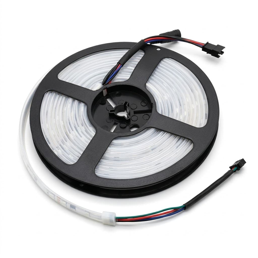 Fita LED digital RGB CI 6803 12V IP65 30 LEDs/m rolo de 5 m, em vista inclinada sobre fundo branco