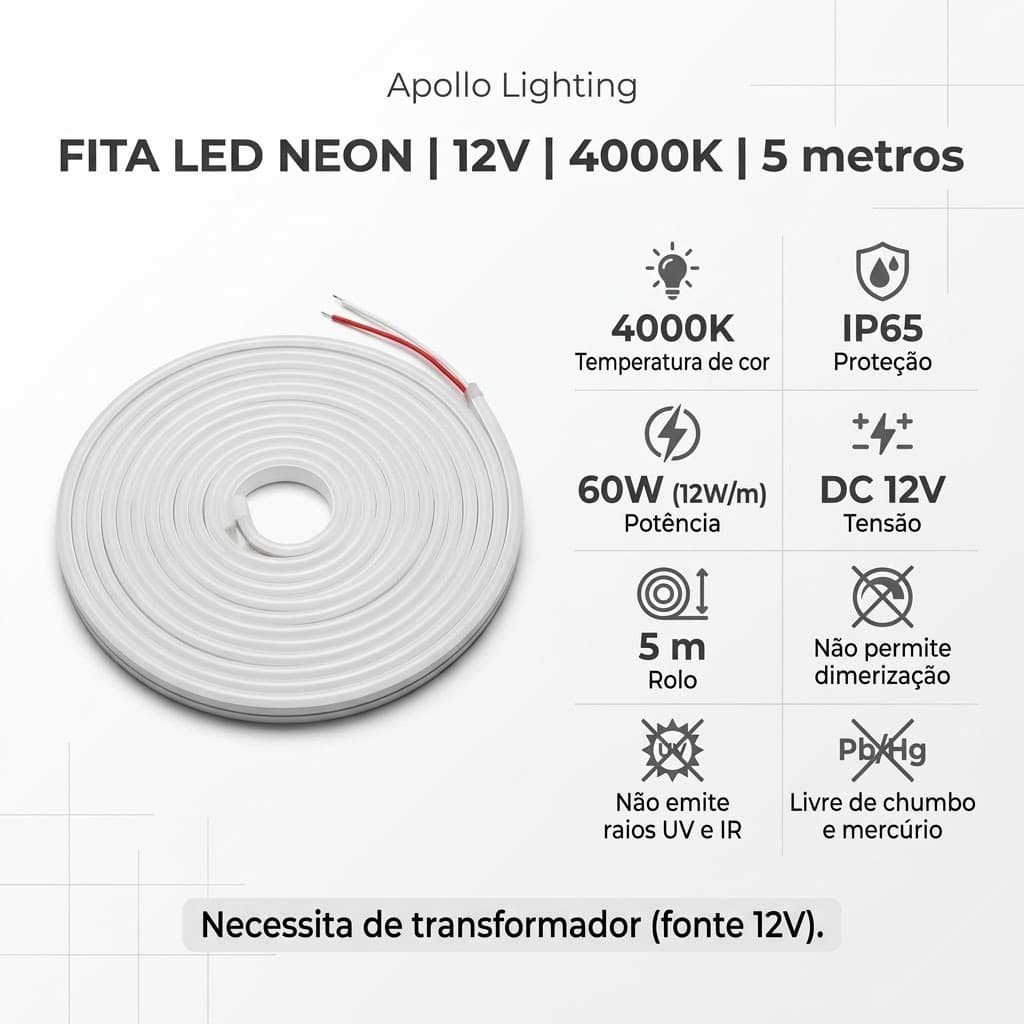 Fita LED neon 12V 4000K IP65 rolo de 5 m Apollo, em vista inclinada sobre fundo branco
