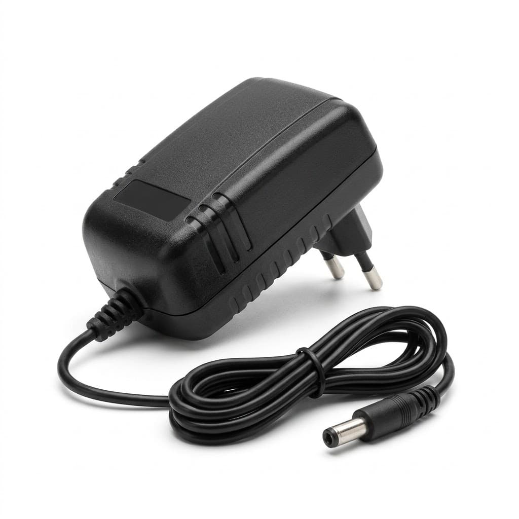Fonte 12V 3A bivolt Mayler, em vista inclinada sobre fundo branco