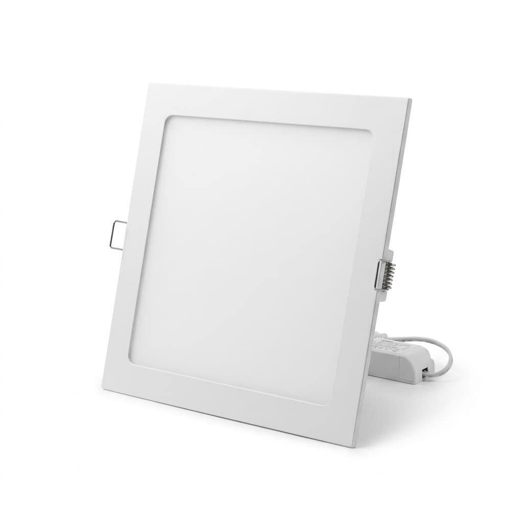 Painel LED de embutir quadrado LLUMM Slim 18W, branco, em vista inclinada, com molas de fixação e driver