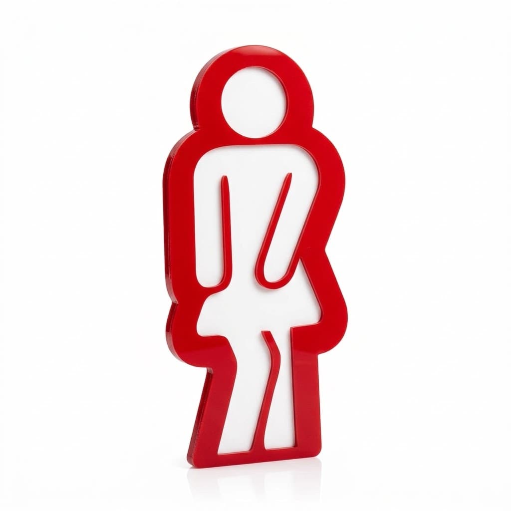 Placa luminosa de banheiro feminina 34 x 15 cm 220V, em vista inclinada sobre fundo branco